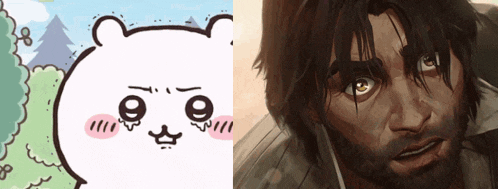 a drawing of a bear and a drawing of a man with a beard are next to each other