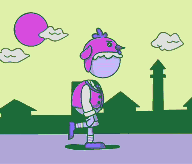 a cartoon drawing of a pink chicken with a bubble head