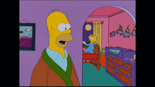 a cartoon of homer simpson and maggie simpson in a bedroom