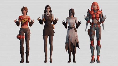 a group of female video game characters are standing next to each other