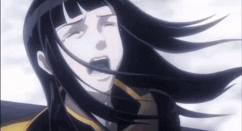 a woman with long black hair is crying with her mouth open