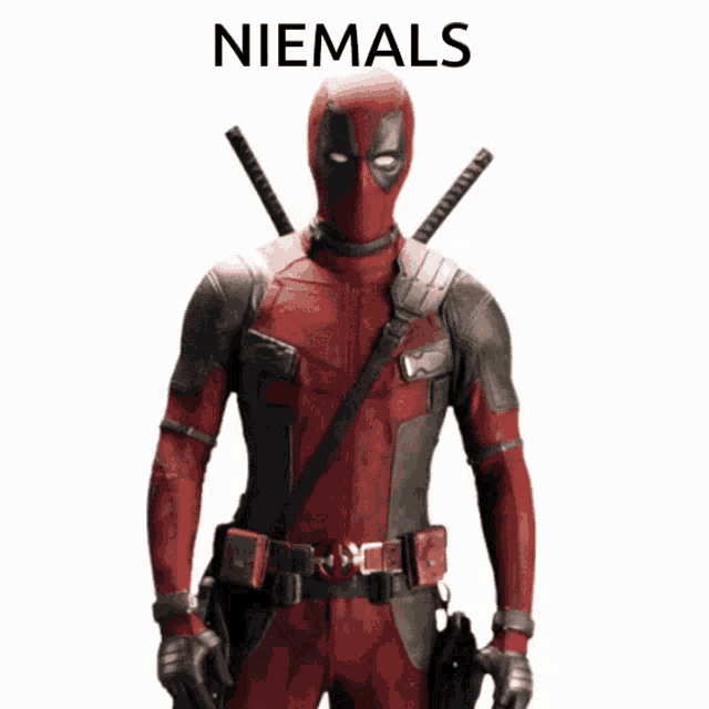 a picture of deadpool with the word niemals written above him
