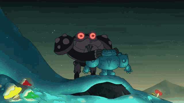 two cartoon characters standing on top of a snowy hill