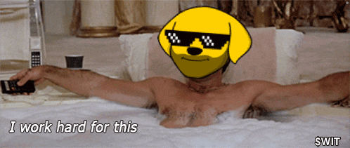 a man in a bathtub with a dog on his head and the words " i work hard for this " on the bottom