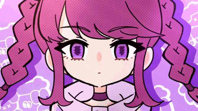a cartoon drawing of a girl with purple eyes