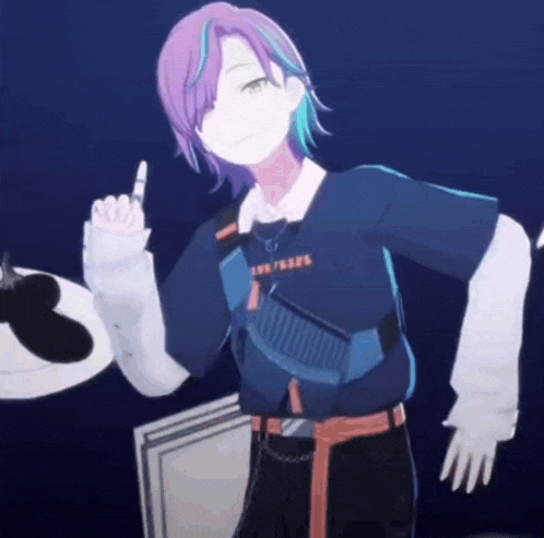 a girl with purple hair and blue eyes is standing in front of a drum set and giving a middle finger .