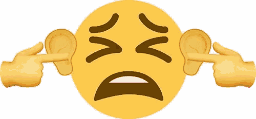 a red smiley face is covering its ears with two hands .