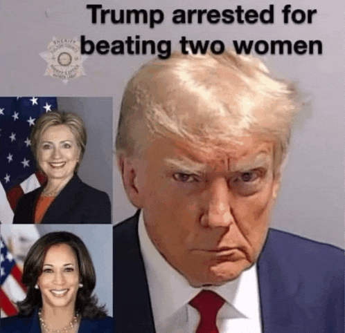 a collage of three pictures of donald trump and hillary clinton with the caption trump arrested for beating two women