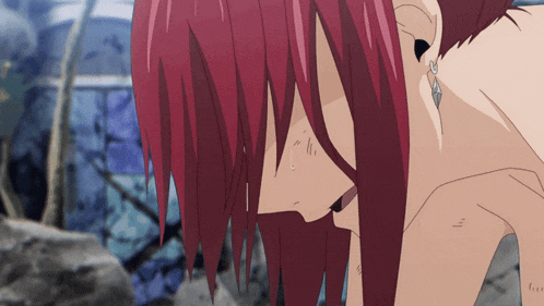 a close up of a red haired anime character with a tear coming out of her eye