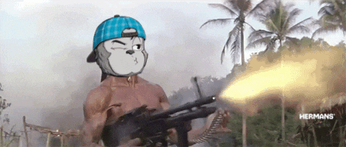 a man in a blue hat is holding a gun in front of palm trees ..