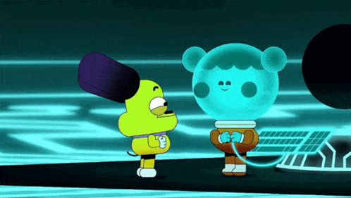 two cartoon characters are standing next to each other and one is wearing a helmet