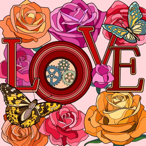 the word love is surrounded by roses and butterflies on a pink background