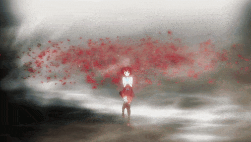 a girl in a red dress is surrounded by red leaves
