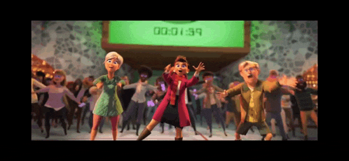 a bunch of cartoon characters are dancing in front of a green screen that says 00 : 01 : 39