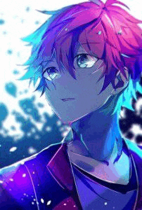 a close up of a colorful anime boy with red and blue hair .