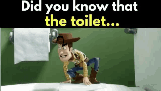 woody from toy story is crawling on top of a toilet