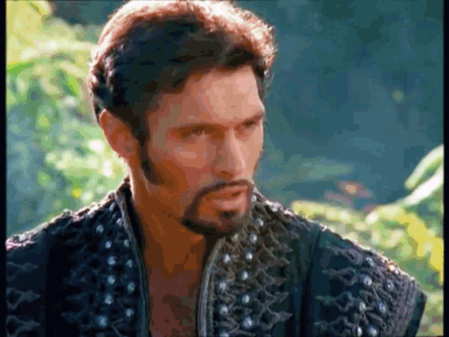 a man with a beard is wearing a black embroidered jacket