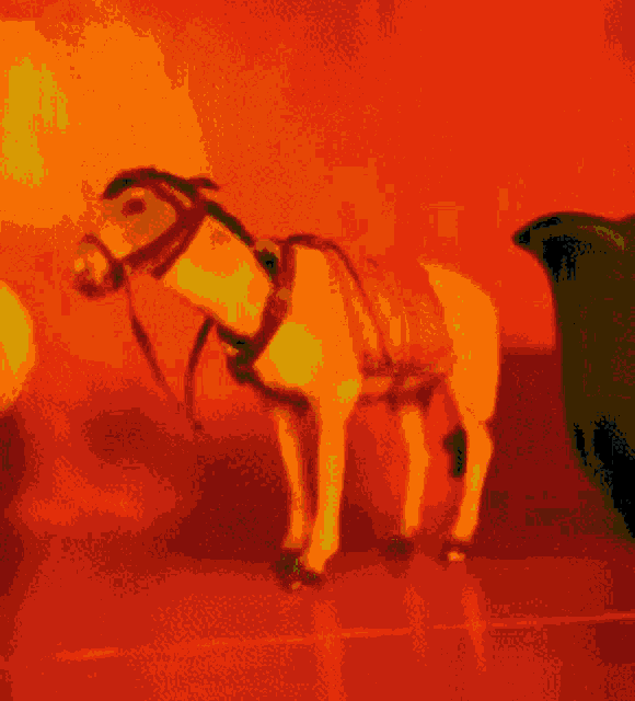 a pixel art of a horse with a bridle and harness