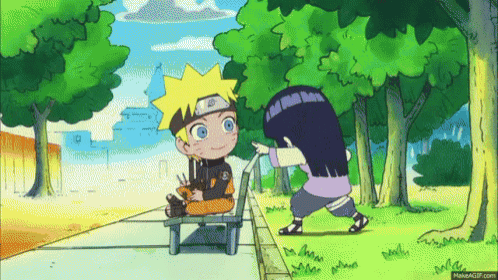 a cartoon of a girl pointing at a boy sitting on a bench in a park .
