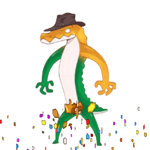 a cartoon of a lizard wearing a hat surrounded by confetti
