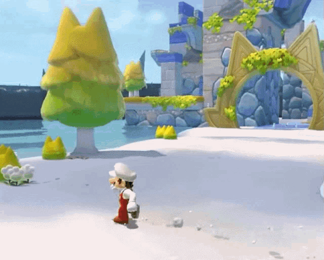 a cartoon character is standing in a snowy area with trees in the background