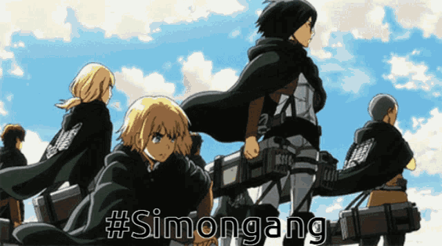 a group of anime characters are standing next to each other with the words #simongang above them