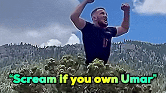a man is jumping in the air with the words " scream if you own umar " on the bottom
