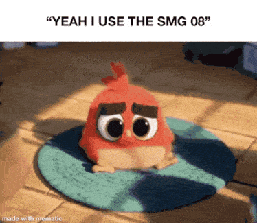 a stuffed animal with big eyes is sitting on a blue mat and says " yeah i use the smg 08 " on the top