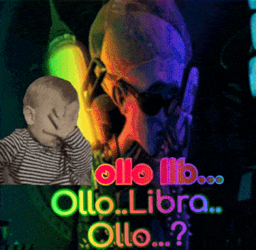 a baby is covering his face in front of a man with the words ollo libra written on it