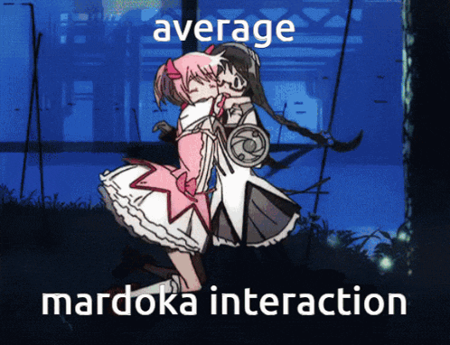 a cartoon of two girls hugging with the words average mardoka interaction above them