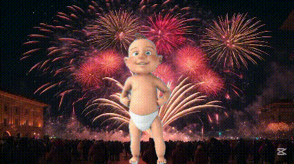a baby in a diaper is dancing in front of fireworks