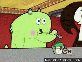 a cartoon character is eating ice cream with a spoon
