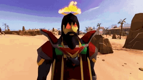 a cartoon character with a beard and a flame on his head