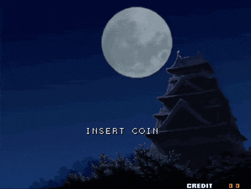 a statue of a man stands in front of a full moon and says insert coin