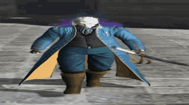 a man in a blue coat is holding a sword in his hand