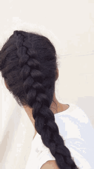 a woman with long black hair has a braided ponytail