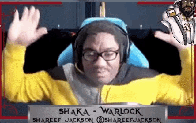a man wearing headphones and a yellow jacket with the name shaka warlock on it