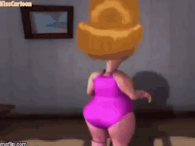 a cartoon character in a pink swimsuit is standing in a room with a picture on the wall .