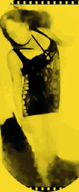 a black and yellow painting of a woman with a yellow background