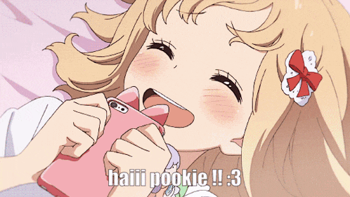 a girl laying on a bed with the words haiii pookie !! 3