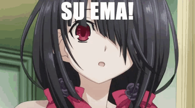 a black haired anime girl with red eyes is standing in front of a door and says su-ema