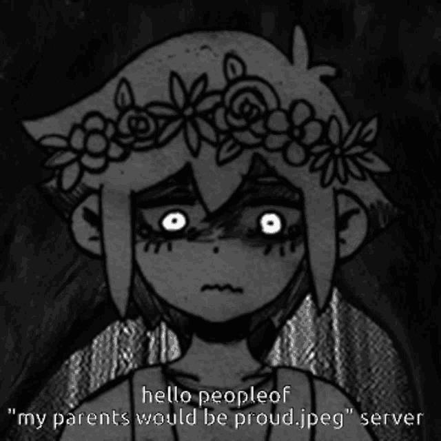 a black and white drawing of a girl with flowers in her hair