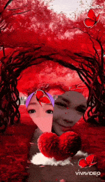 a woman is holding a heart in front of a red background with butterflies .