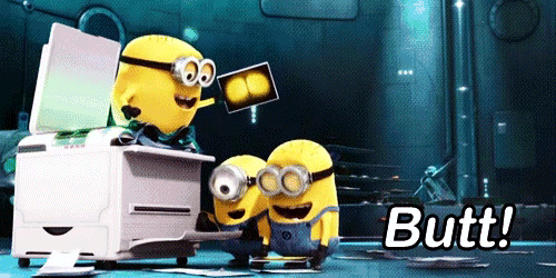 two minions are standing next to a printer with the word butt written on the bottom