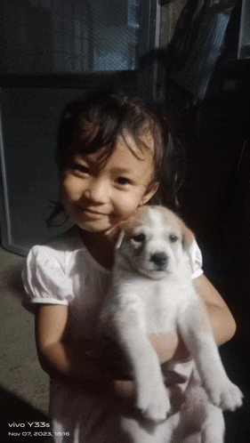 a little girl is holding a brown and white puppy with a vivo y33s displayed in the corner