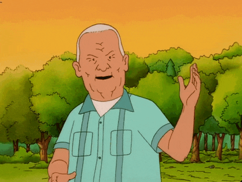a cartoon of a man in a blue shirt standing in a forest