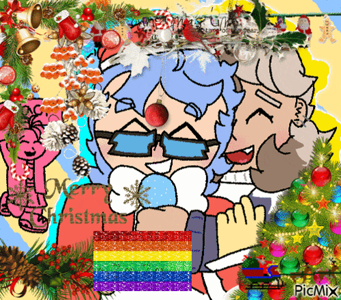a christmas greeting card with a rainbow flag in the middle