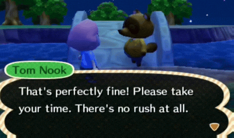 a video game character named tom nook says " that 's perfectly fine please take your time "