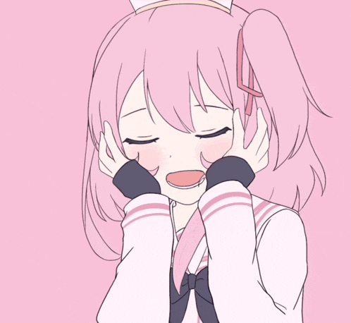 a drawing of a girl with pink hair covering her face with her hands