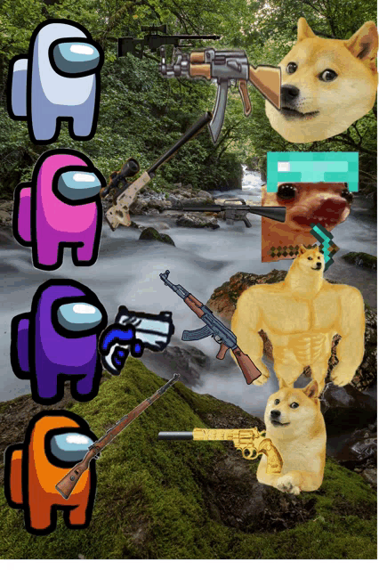 among us characters with guns and a doge